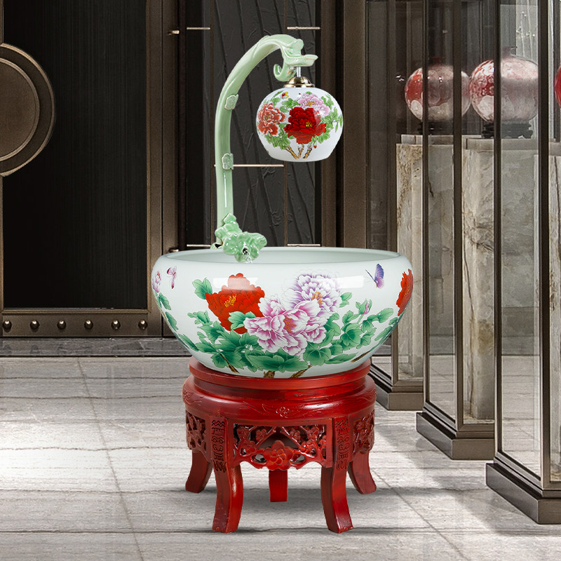 Jingdezhen Ceramic Fish Tank Fountain Cycle Filter Oxygenation Basin Utortoise Cylinder Sleeping Lotus cylinder Home Living room Corporate swing piece