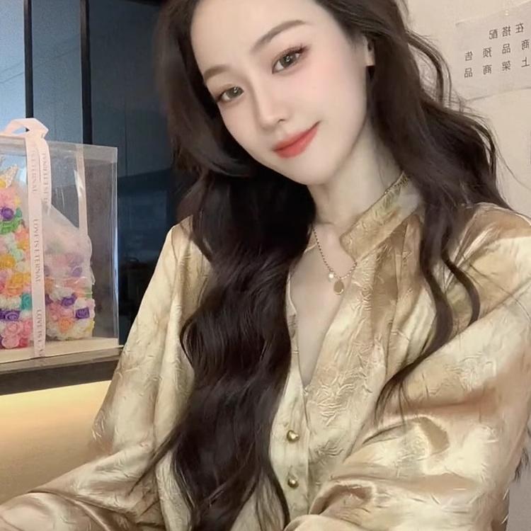 French-Style V-Neck Gold-Embellished Long-Sleeve Shirt for Women, Spring and Autumn Base Shirt with a High-End Design and Vintage Elegance