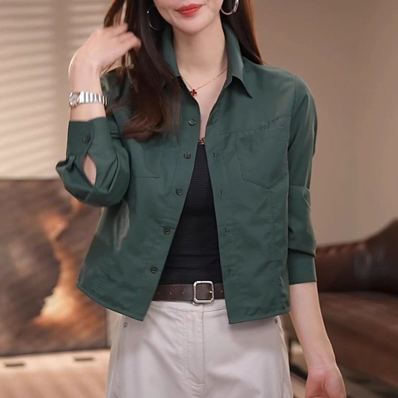 Casual Dark Green Long-Sleeved Shirt for Women 2026 Spring New Style Loose Slimming Versatile Long-Sleeved Short Top