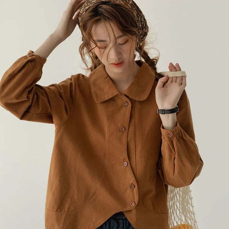 Retro Japanese Style Brushed Polo Collar Shirt for Women, New Autum Style Loose Slimming Top, Lazy Short Long-Sleeved Shirt