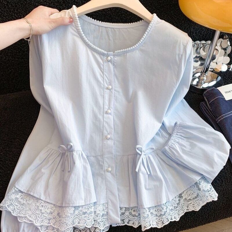 Sweet Style Lace-Trimmed Round-Neck Long-Sleeved Shirt for Women, New Spring Style Age-Reducing Ruffled Blouse with Puff Sleeves