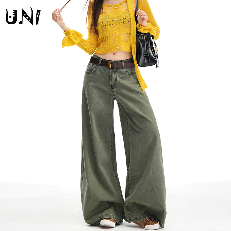 American Retro Military Green Low-Waisted Wide-Leg Jeans for Women, Autumn Niche Loose Straight-Leg Slimming Casual Floor-Length Pants