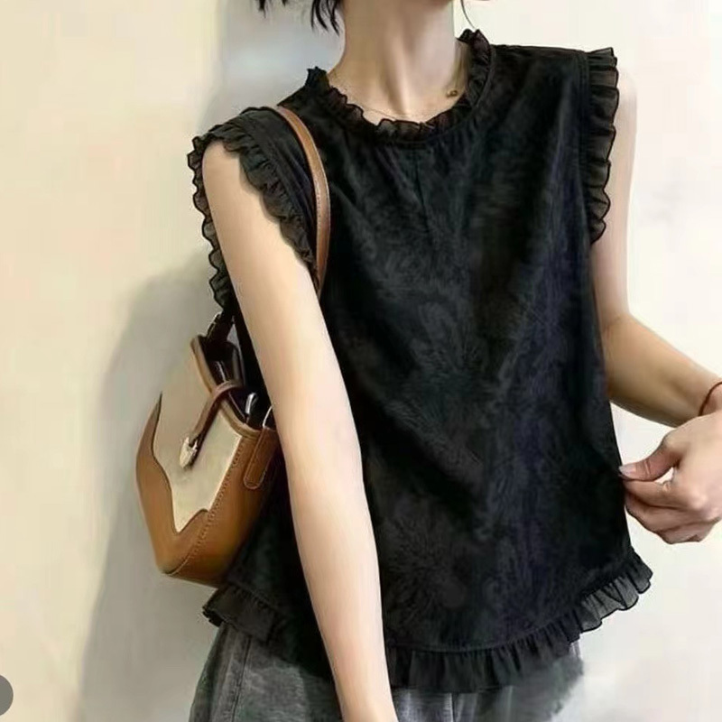 Commuter Style Black Sleeveless Lace-Trimmed Shirt for Women, Fashionable Round-Neck Ruffled Top That Looks Youthful and Slimming