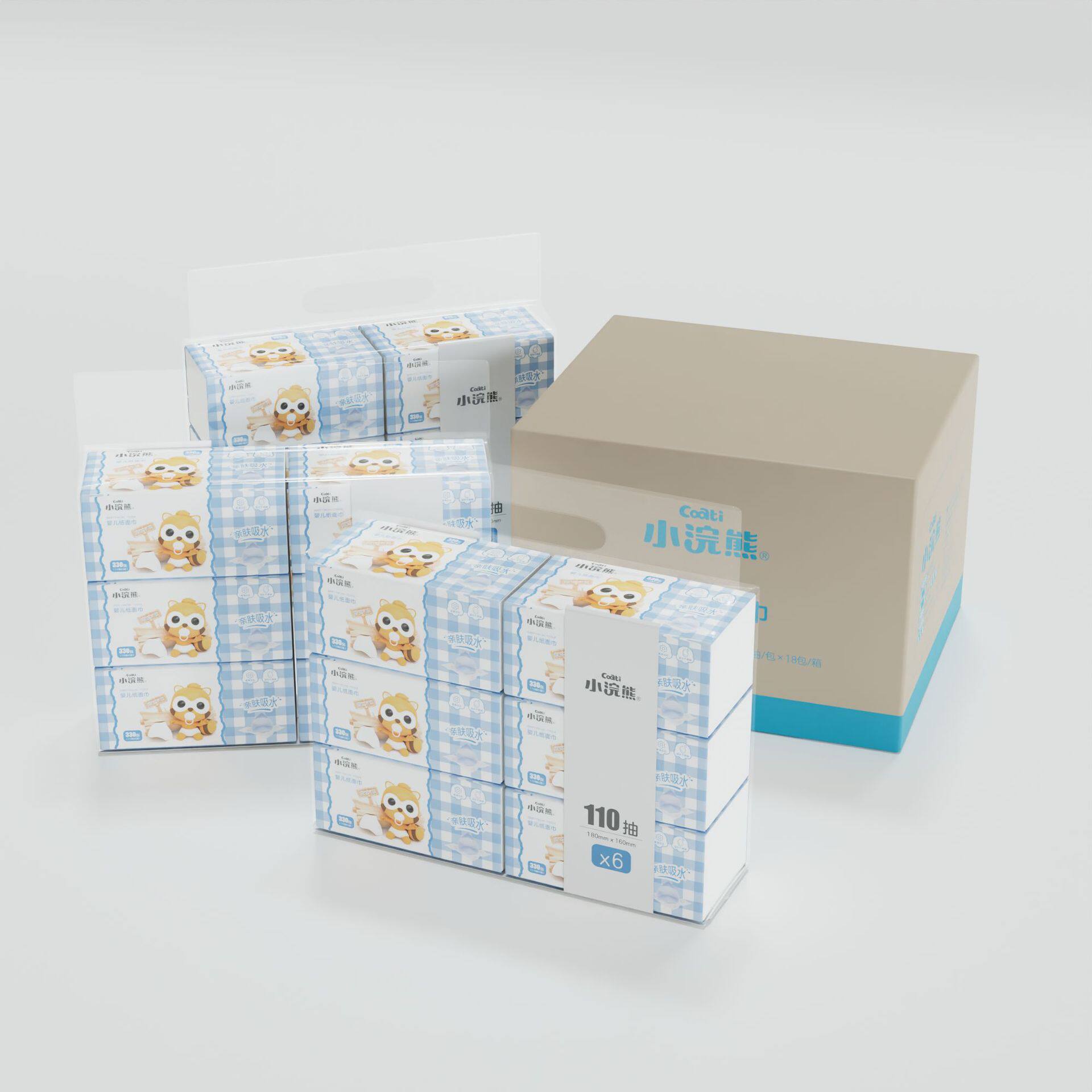 Small raccoon children's large-capacity facial tissue baby hand and mouth soft paper towel soft pumping paper 3 layers thickened whole box 18 packs