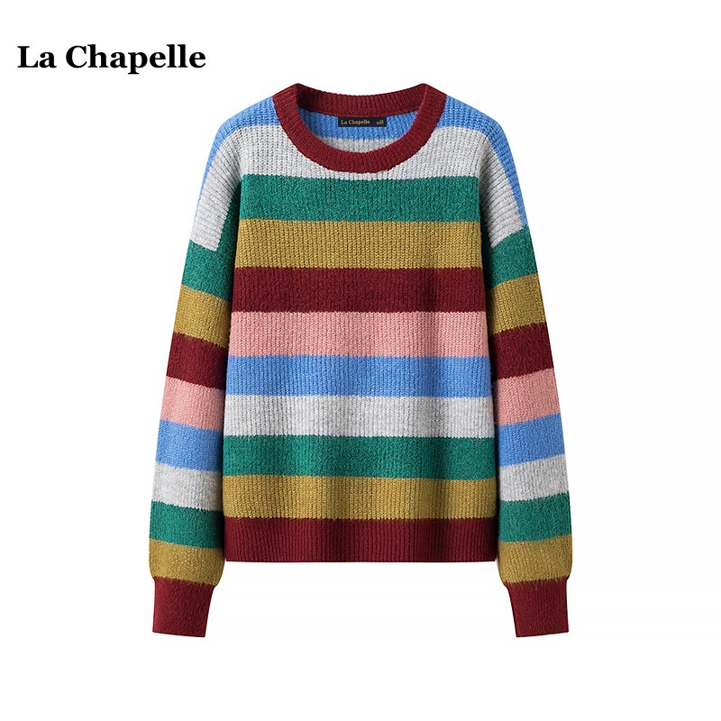 La Chapelle Autumn Rainbow Striped Knit Sweater for Women, Loose and Versatile Pullover Top