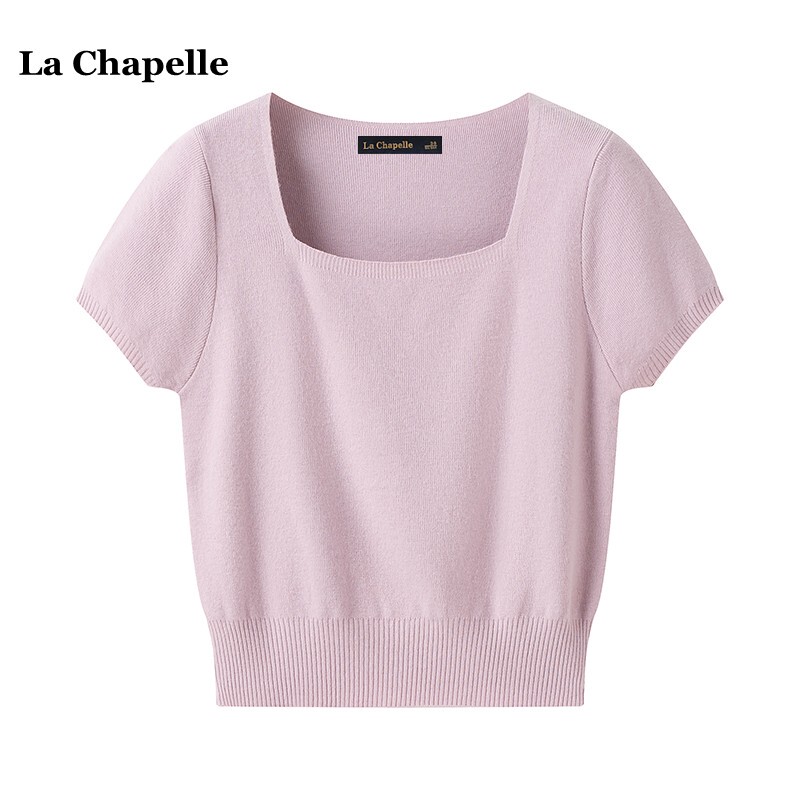 La Chapelle Solid Color Versatile Square Neck Short-Sleeve Knit T-Shirt for Women, Summer Thin Knit Top