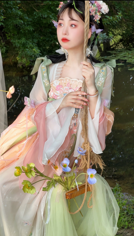 Original Hanfu for Women by Huashenji, Daily Wear, Chest-Length, with Han Elements, Beautiful Chinese Style, Ancient Costume, Spring and Summer, Floral Design