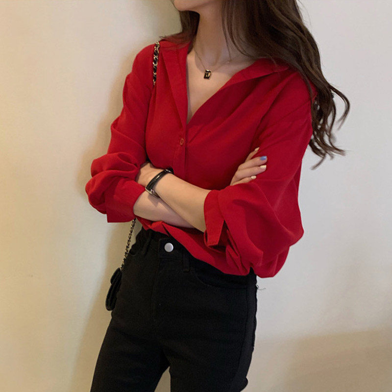 Bright Red Shirt for Women, Autumn Korean Style Loose Casual Slimming Shirt, Long-Sleeve Trendy Top for the Year of Birth Bright Red Shirt for Women, Autumn Korean Style Loose Casual Slimming Shirt, Long-Sleeve Trendy Top for the Year of Birth