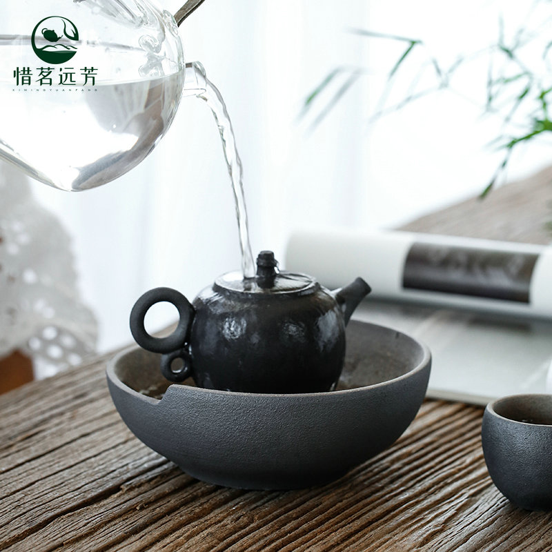 Black pottery vintage ceramic water storage tray Tea ceremony accessories Round pot bearing coarse pottery tea tray Gilt tea sea dry tea table