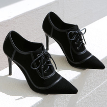 Small size deep mouth single shoes 31 32 33 leather lace-up high heels thin heel pointed womens shoes 2019 Autumn New
