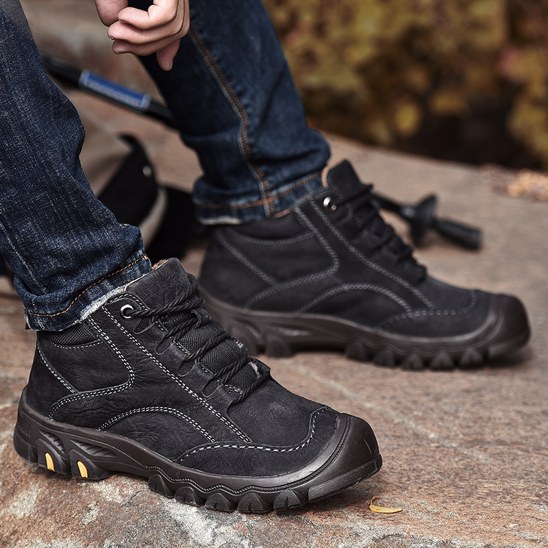 Winter outdoor hiking hiking shoes men's genuine leather waterproof non-slip men plus suede thickened warm middle cylinder cotton leather shoes