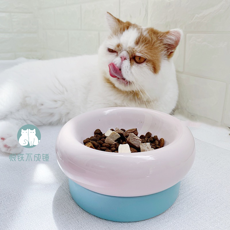 Hate iron can't hammer makesure mochi greedy cat ceramic food bowl protect spine cat bowl set with shelf