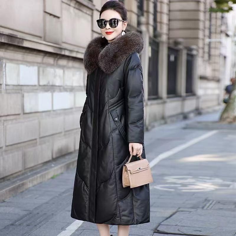 Haining Leather Coat Winter Hooded Over-The-Knee Sheepskin down Cotton Jacket Women's Thickened Genuine Leather Coat 2025 New Model