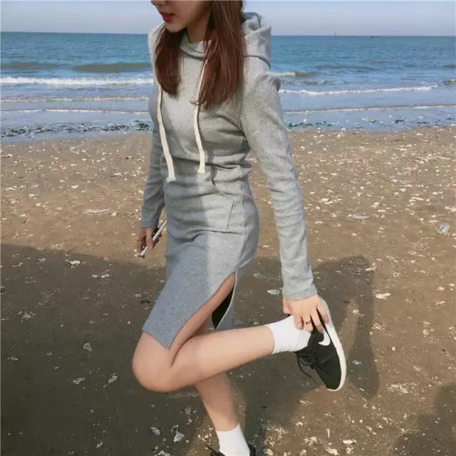 Phụ nữ mới của phụ nữ cộng với kích thước có mũ trùm đầu váy mùa thu sản phẩm mới xẻ túi chữ A hông váy ngắn váy áo len - Sản phẩm HOT