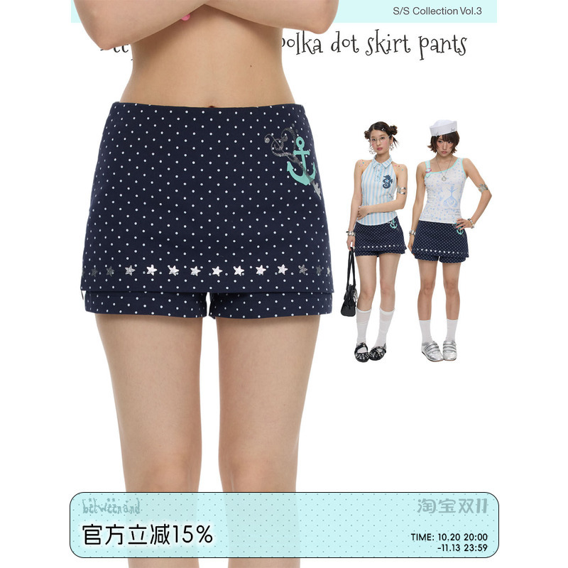 Betweenand'Deep Sea Fairy Tale' Summer Navy Blue Polka Dot Print Skirt Pants, Versatile and Slimming