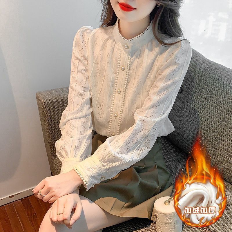 French Retro Stand-Up Collar Long-Sleeved Velvet Shirt for Women in Autumn and Winter New Fashion Age-Reducing Lace Bottoming Warm Top French Retro Stand-Up Collar Long-Sleeved Velvet Shirt for Women in Autumn and Winter New Fashion Age-Reducing Lace Bottoming Warm Top