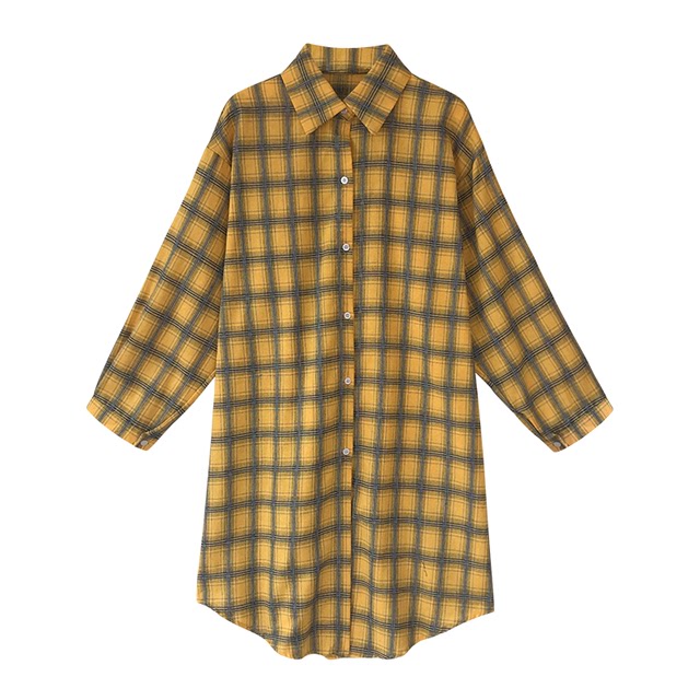Plaid long-sleeved shirt sunscreen jacket trendy summer thin section retro Hong Kong style large size loose mid-length shirt for women