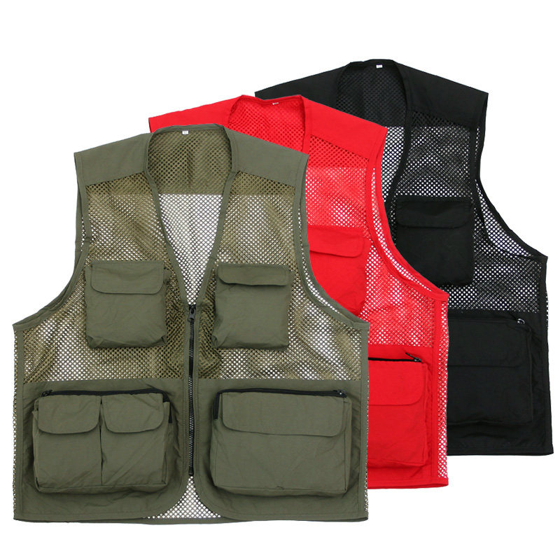 Summer mesh men's loose V-neck photography vest vest in the elderly vest fishing reporter army green red