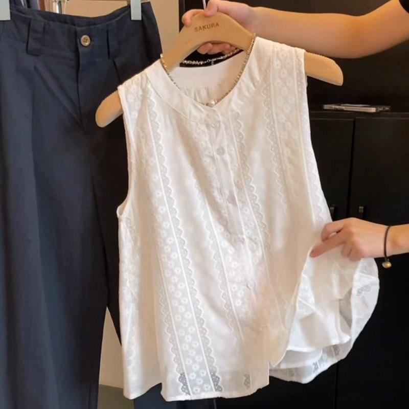 Lace Splicing Embroidered Floral Pure White Top for Women, Summer Sleeveless Vest Shirt with Lining, Loose Hem