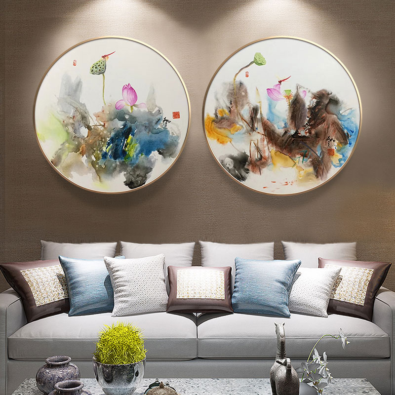 New Chinese Impressionist Flowers Dragonfly hand-painted oil painting Living room Multi-Union Mystery Dining Hall Bedroom Round with frame Decorative Painting