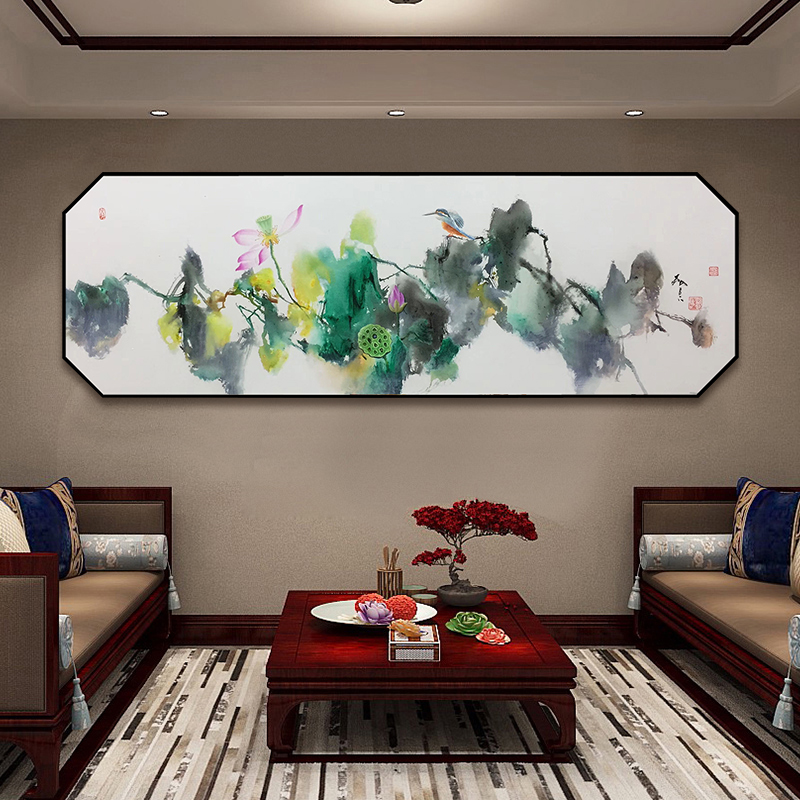 Zen Impressionist lotus hand-painted oil painting New Chinese living room sofa octagonal horizontal hanging picture book house Xuanguan multilateral painting