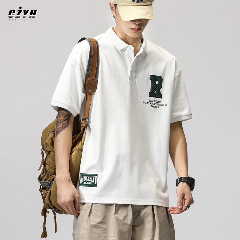Summer Trendy Japanese-Style Polo Shirt Short-Sleeve Turn-Down Collar T-Shirt for Men, American-Style Heavyweight Pure Cotton Loose Fit Plus-Size Half-Sleeve Clothing