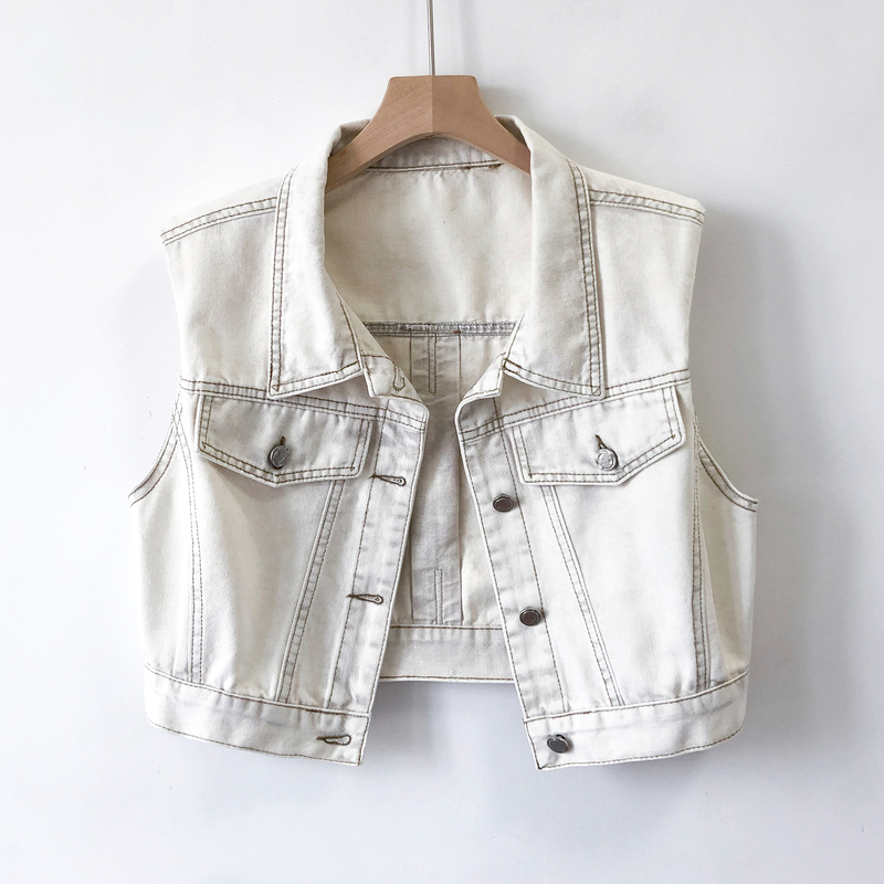 European Style Washed White Denim Vest for Women, Short Sleeveless Outerwear, Slim Fit, Thin Style, New for Summer 2026 European Style Washed White Denim Vest for Women, Short Sleeveless Outerwear, Slim Fit, Thin Style, New for Summer 2026