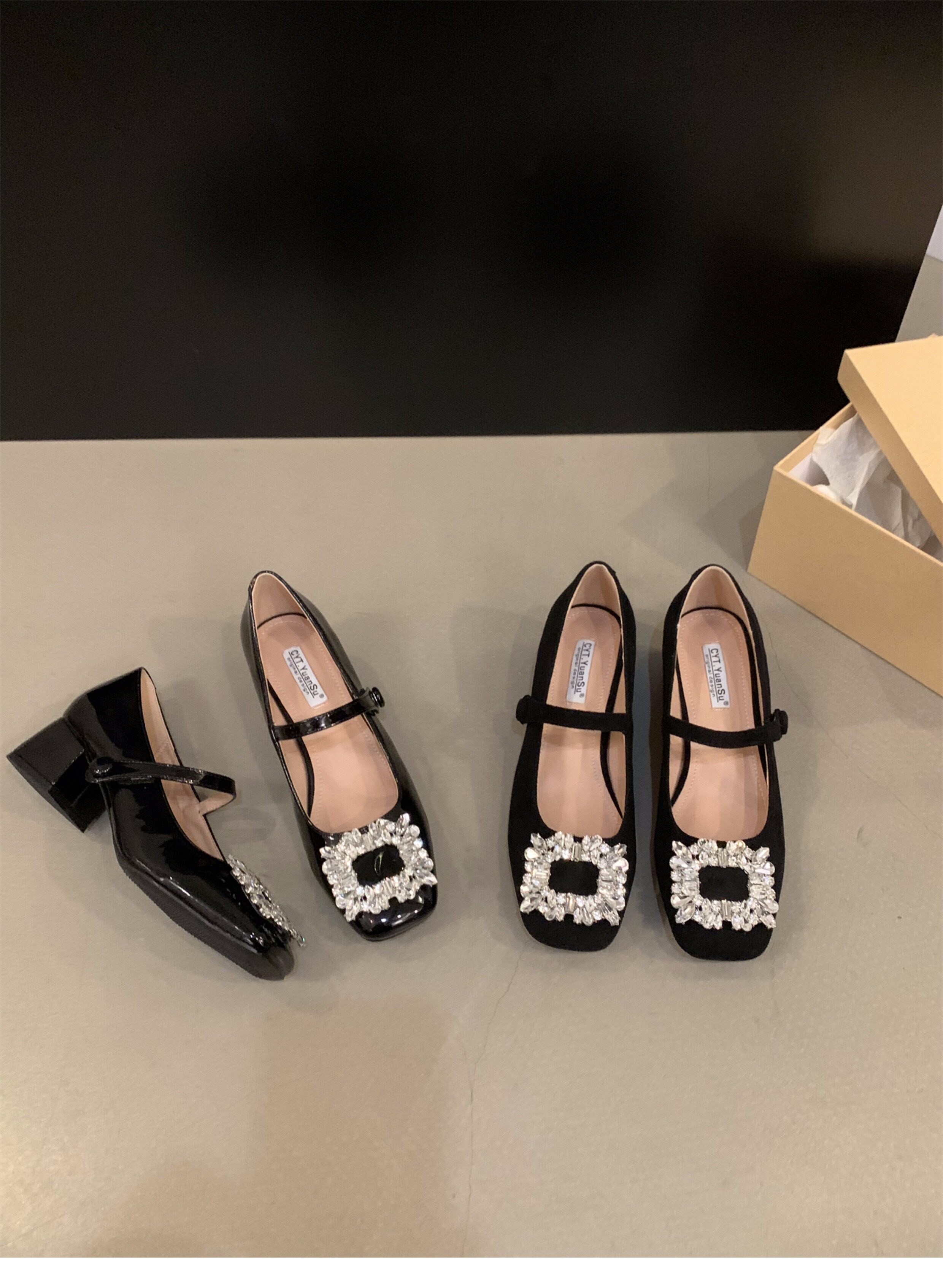 Туфли Мэри Джейн 法式中高跟黑色方头水钻单鞋女鞋子2024新款春秋冬季玛丽珍晚晚鞋