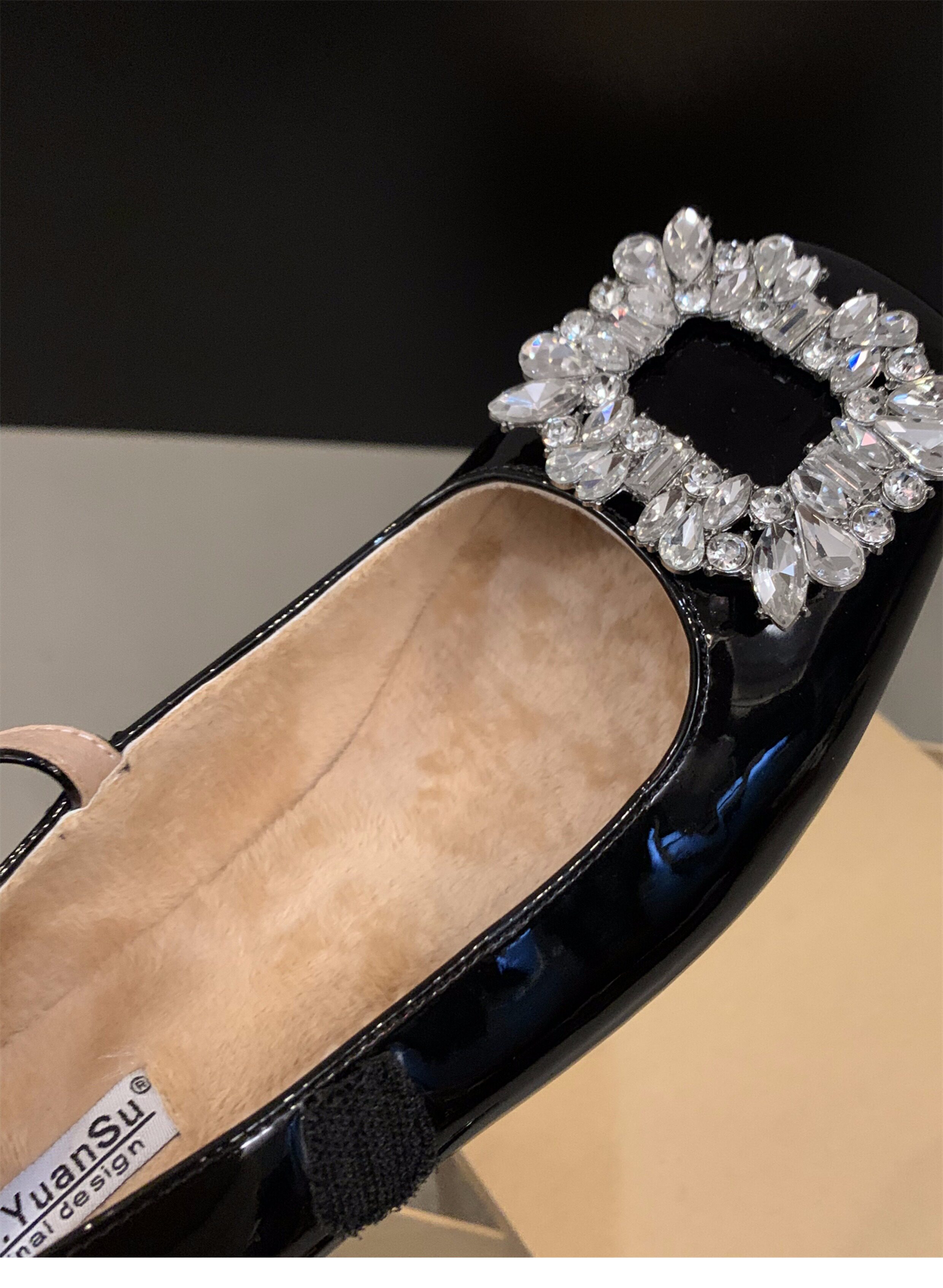 Туфли Мэри Джейн 法式中高跟黑色方头水钻单鞋女鞋子2024新款春秋冬季玛丽珍晚晚鞋