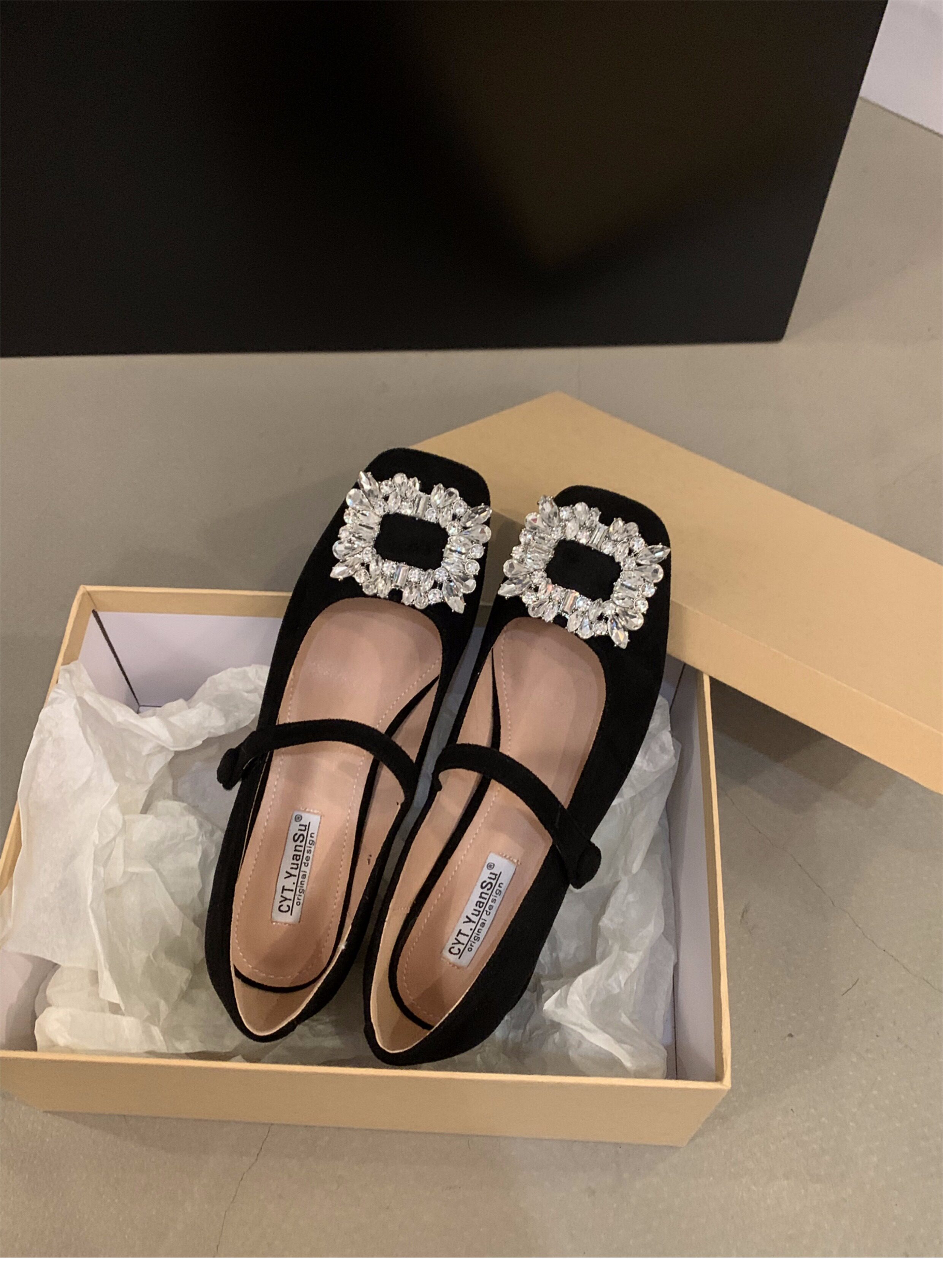 Туфли Мэри Джейн 法式中高跟黑色方头水钻单鞋女鞋子2024新款春秋冬季玛丽珍晚晚鞋