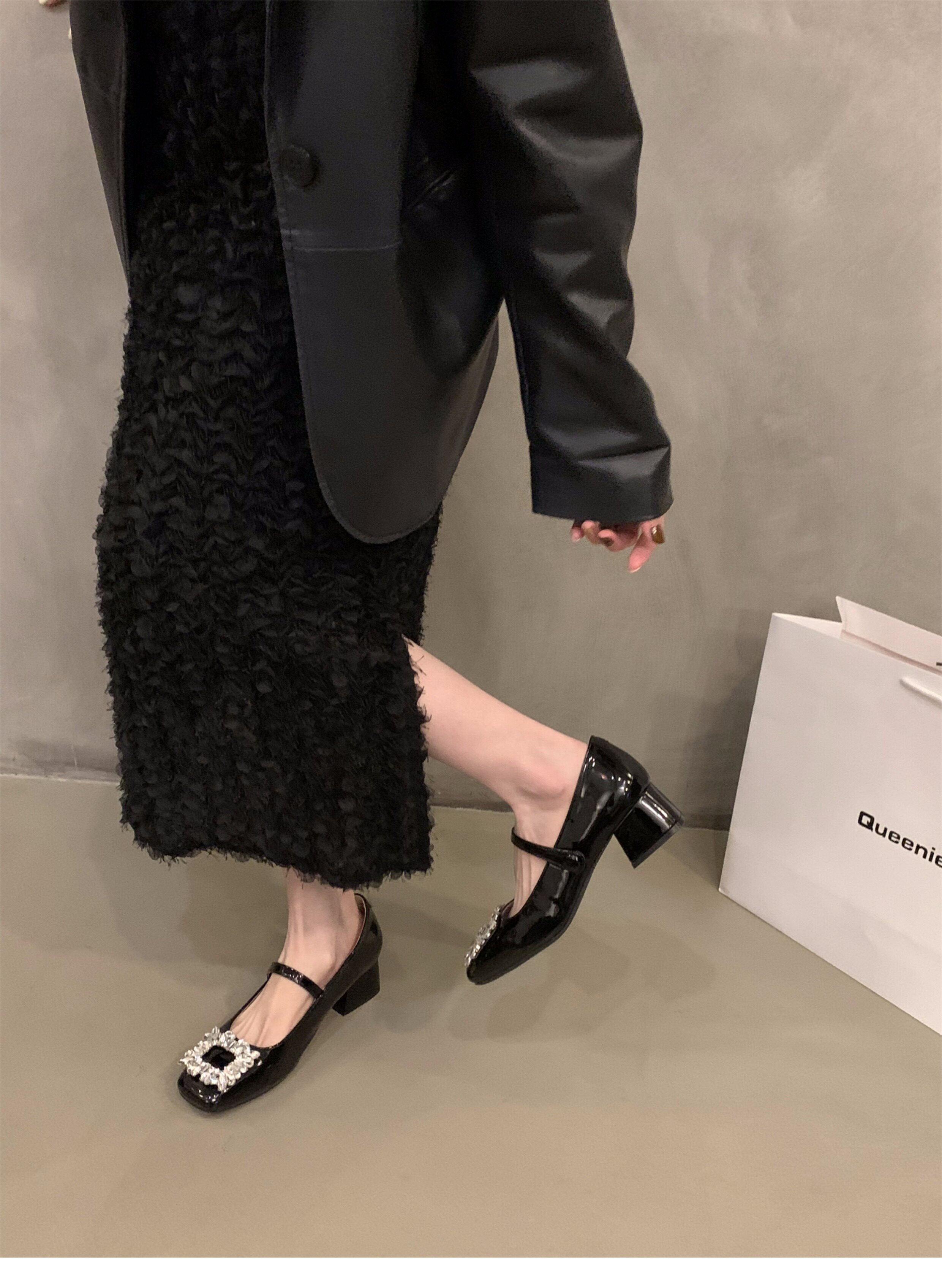 Туфли Мэри Джейн 法式中高跟黑色方头水钻单鞋女鞋子2024新款春秋冬季玛丽珍晚晚鞋