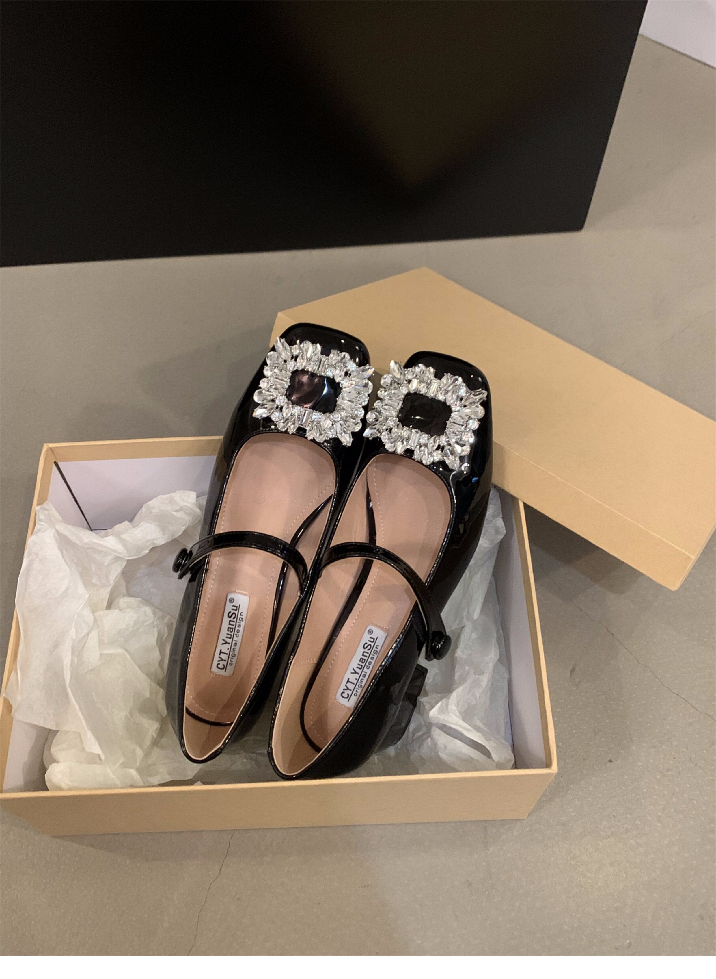 Туфли Мэри Джейн 法式中高跟黑色方头水钻单鞋女鞋子2024新款春秋冬季玛丽珍晚晚鞋