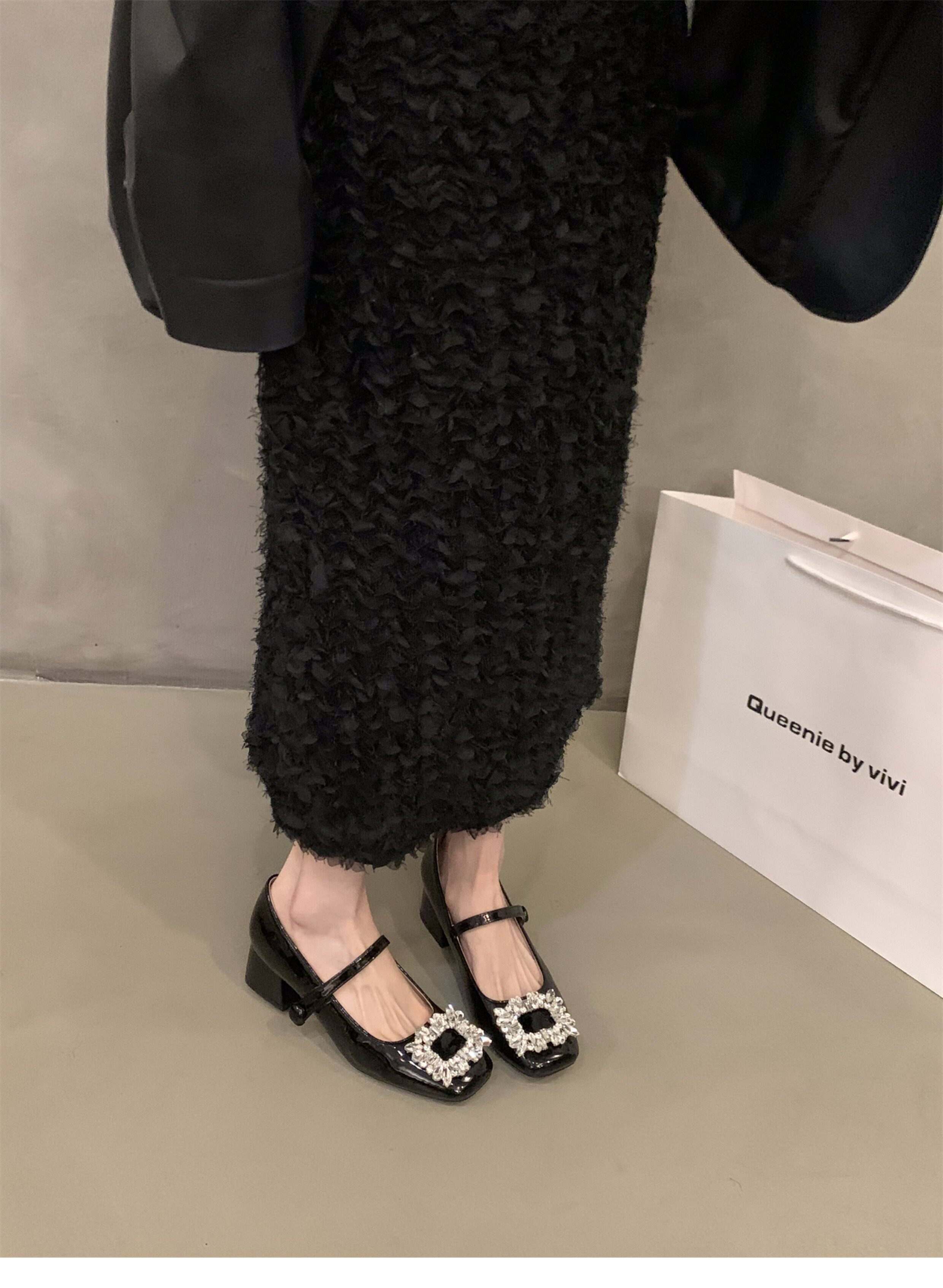 Туфли Мэри Джейн 法式中高跟黑色方头水钻单鞋女鞋子2024新款春秋冬季玛丽珍晚晚鞋