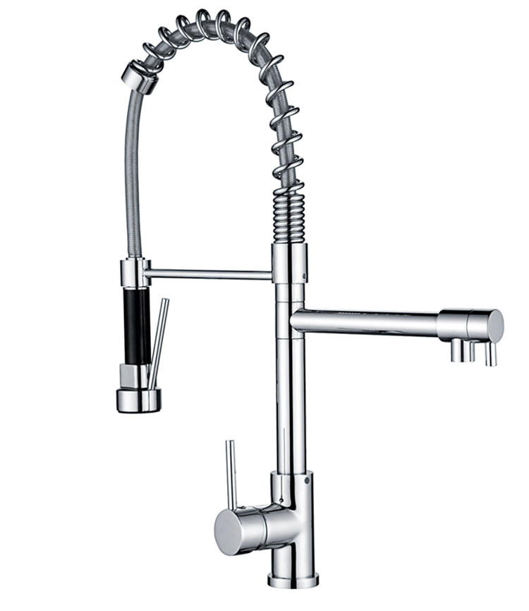Derui - copper spring faucet double pumping pull kitchen with high pressure nozzle 360 degree rotating ceramic