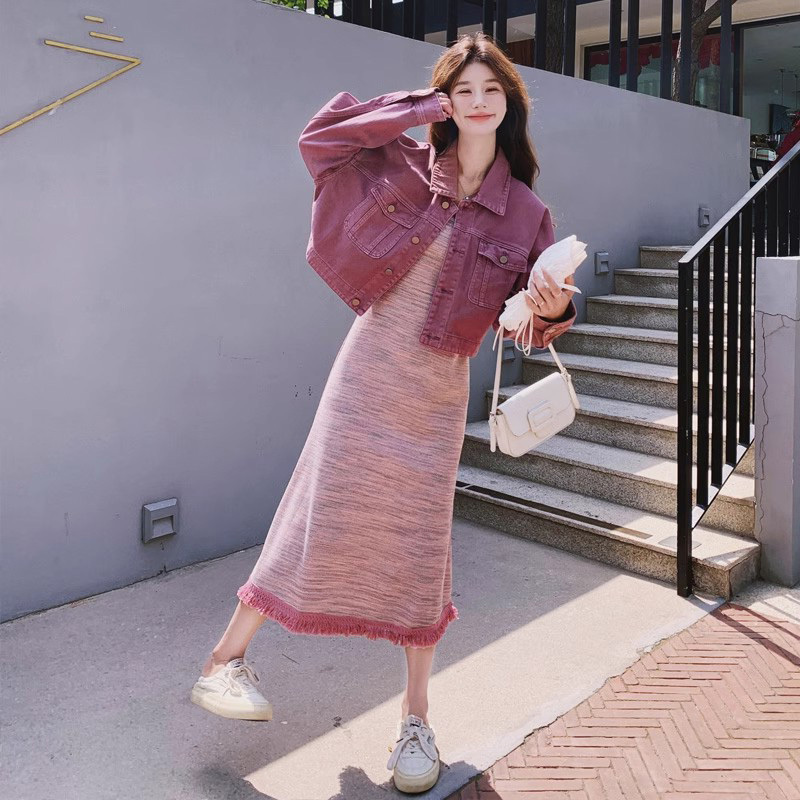 Korean Style Outfit: a Complete Set of Denim Jacket and Suspender Dress Two-Piece Set for Women, Early Spring and Autumn 2026, Plus Size Set Korean Style Outfit: a Complete Set of Denim Jacket and Suspender Dress Two-Piece Set for Women, Early Spring and Autumn 2026, Plus Size Set