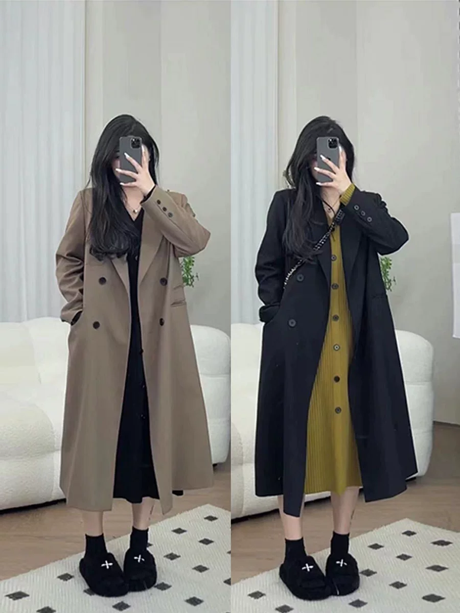 Длинный ретро-костюм, trench coat, осенняя куртка, стиль высокого качества, оверсайз, до середины икры