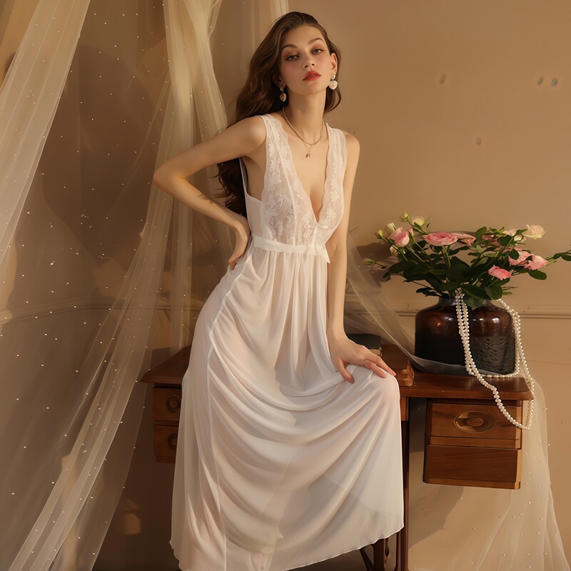 Hello Next Sexy Silk Lace Wide Strap Elegant Long Dress Nightgown Sleepwear Women's Loungewear