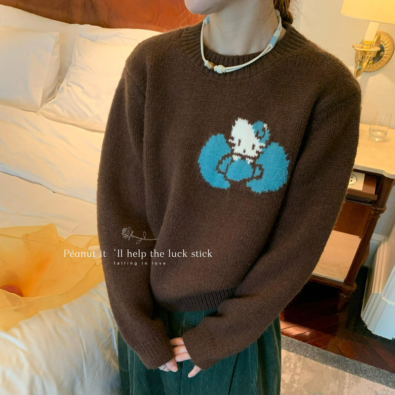 Retro Niche Cartoon Kt Cat Pullover Sweater for Women, Autumn and Winter Thick Round Neck Loose Pullover Warm Knitted Base Shirt