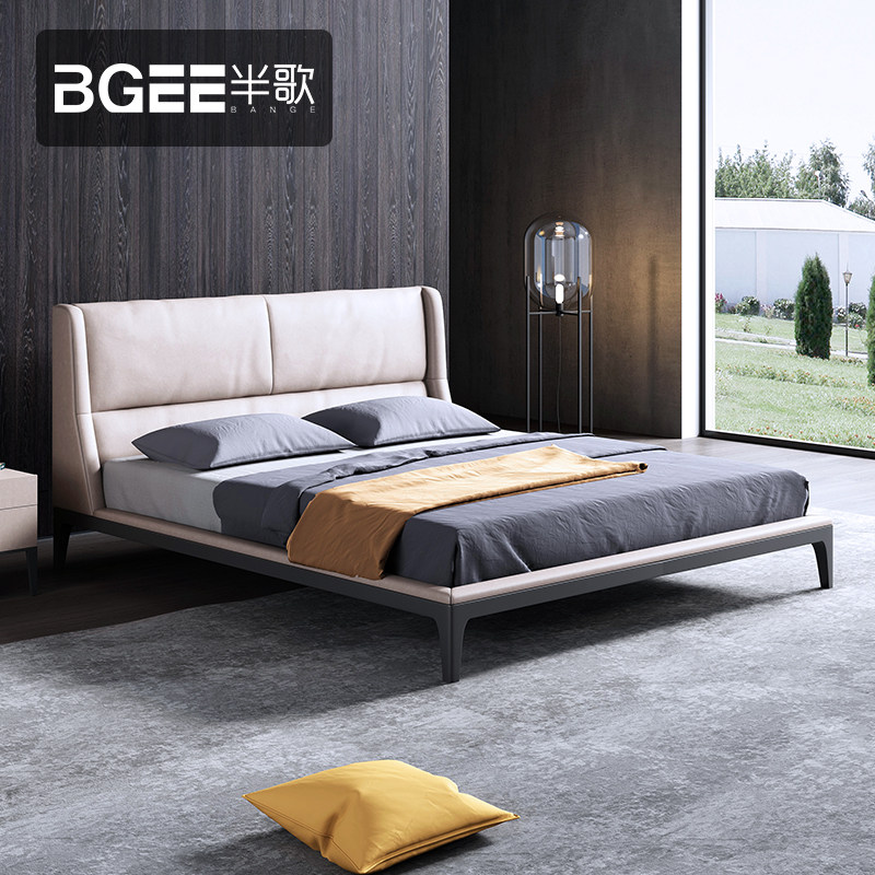 Half Song Nordic Genuine Leather Bed Iron Art Double Bed 1 8m Modern Minimalist Light Extravagant Bed Wedding Bed Master Bedroom Soft Bed Furniture