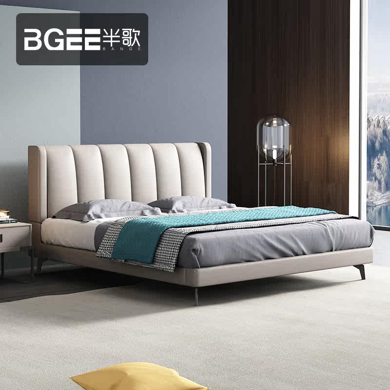Semi-song-style genuine leather bed modern minimalist double man bed master bedroom with light lavish bed Nordic bed 1 8 m 1 5 headlayer cow leather
