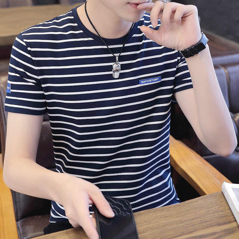 Striped short-sleeved t-shirt men's pure cotton summer Korean version 2021 trend new round neck half-sleeved men's t-shirt top clothes