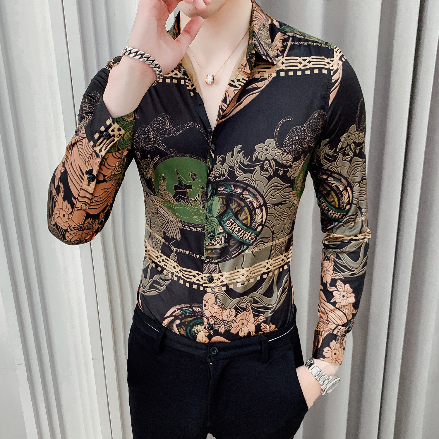 Floral shirt male long sleeve fit Korean version trendy youth handsome gas printed inch-shirt casual men's spring free ironing shirt