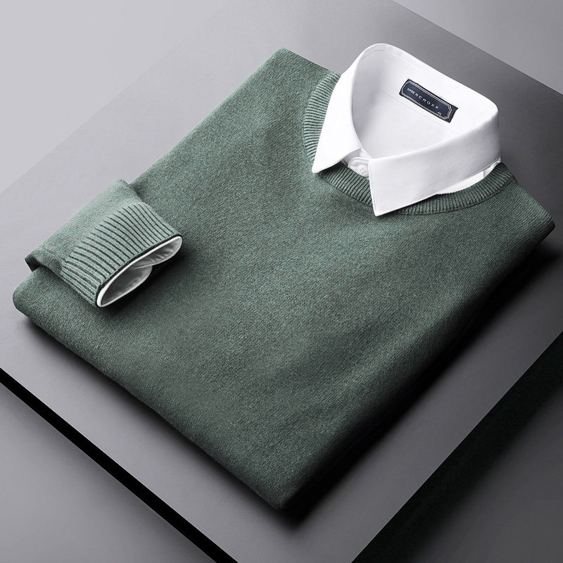 Light Business Men's Round Collar Sweater Spring Fall Pure Color 100 Hitch Bottom Jersey Korean Version Youth Casual Fashion Stitch Sweatshirt