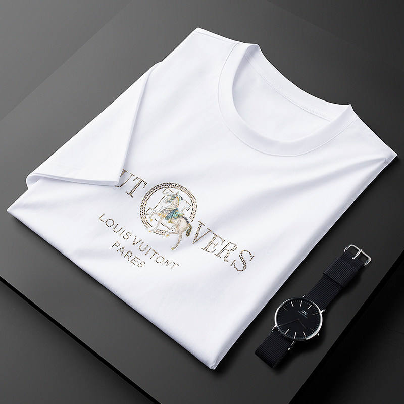 Luxury quality ~ fashion war horse hot diamond ice silk short-sleeved t-shirt men's slim summer light white round neck top tide