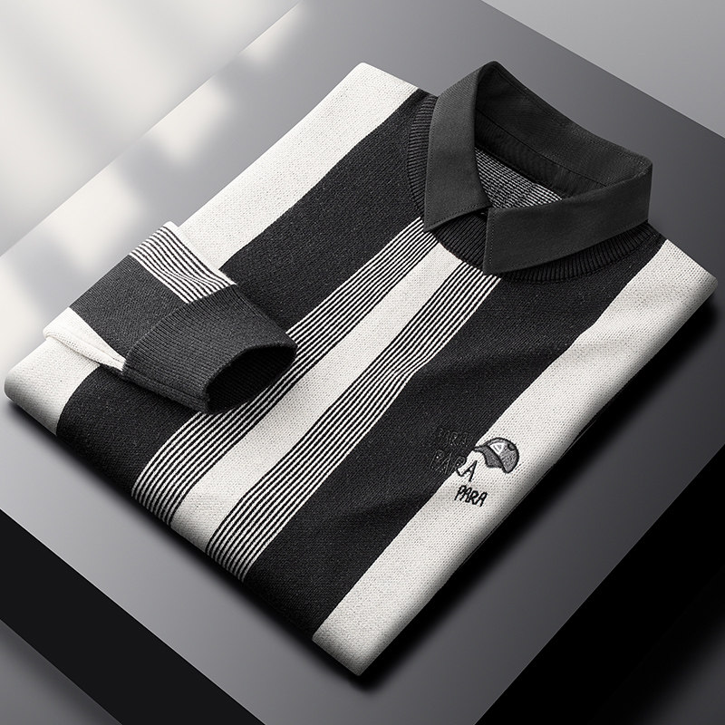 Light Business Casual Men's Two Sweater Autumn Winter Thickened Warm Youth Shirt Collar Striped Jacquard Knit Cardiovert