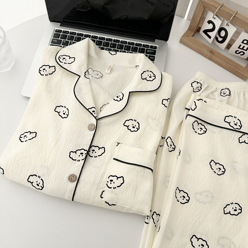 Cartoon Puppy Pajamas for Women, Spring and Autumn, Cloud Pure Cotton Gauze Long-Sleeve Set, Cute Summer Cardigan Loungewear