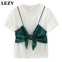 Lizi LEZY2021 year new suspender short sleeve T-shirt fake two-piece set stitching design sense female niche coat female