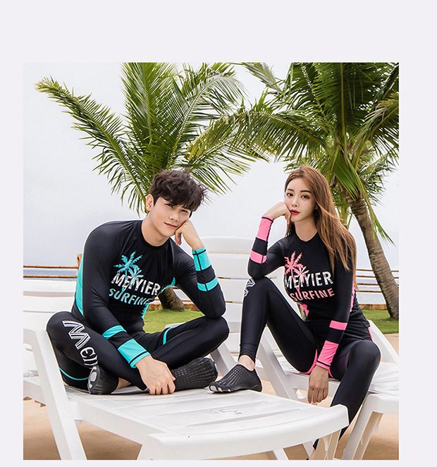 Cặp đôi tắm xuân nóng dài phù hợp với thời trang thể thao nam nữ quần dài tay chia ba mảnh áo tắm nóng xuân ấm áp 	đồ đôi đi biển chụp hình cưới	
