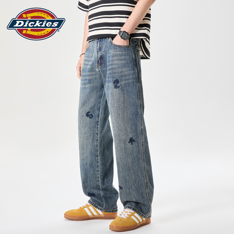 Dickies Men's Blue Embroidered Jeans Summer New Loose Straight Washed Wide-Leg Pants