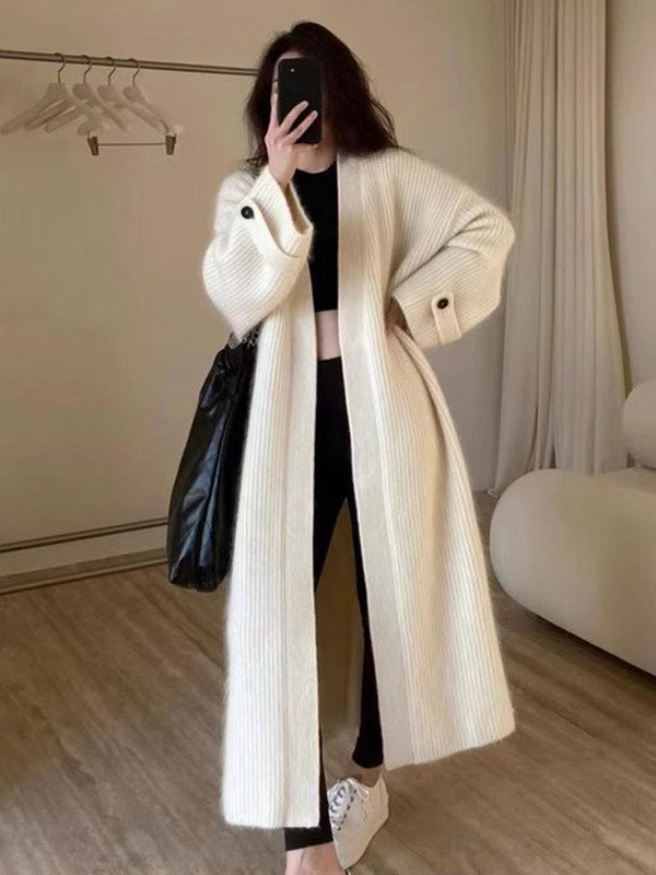 Korean-Style High-End Long Sweater Coat, Autumn and Winter Lazy Style, Over-The-Knee Mid-Length Knitted Cardigan, Loose Korean Version Trendy